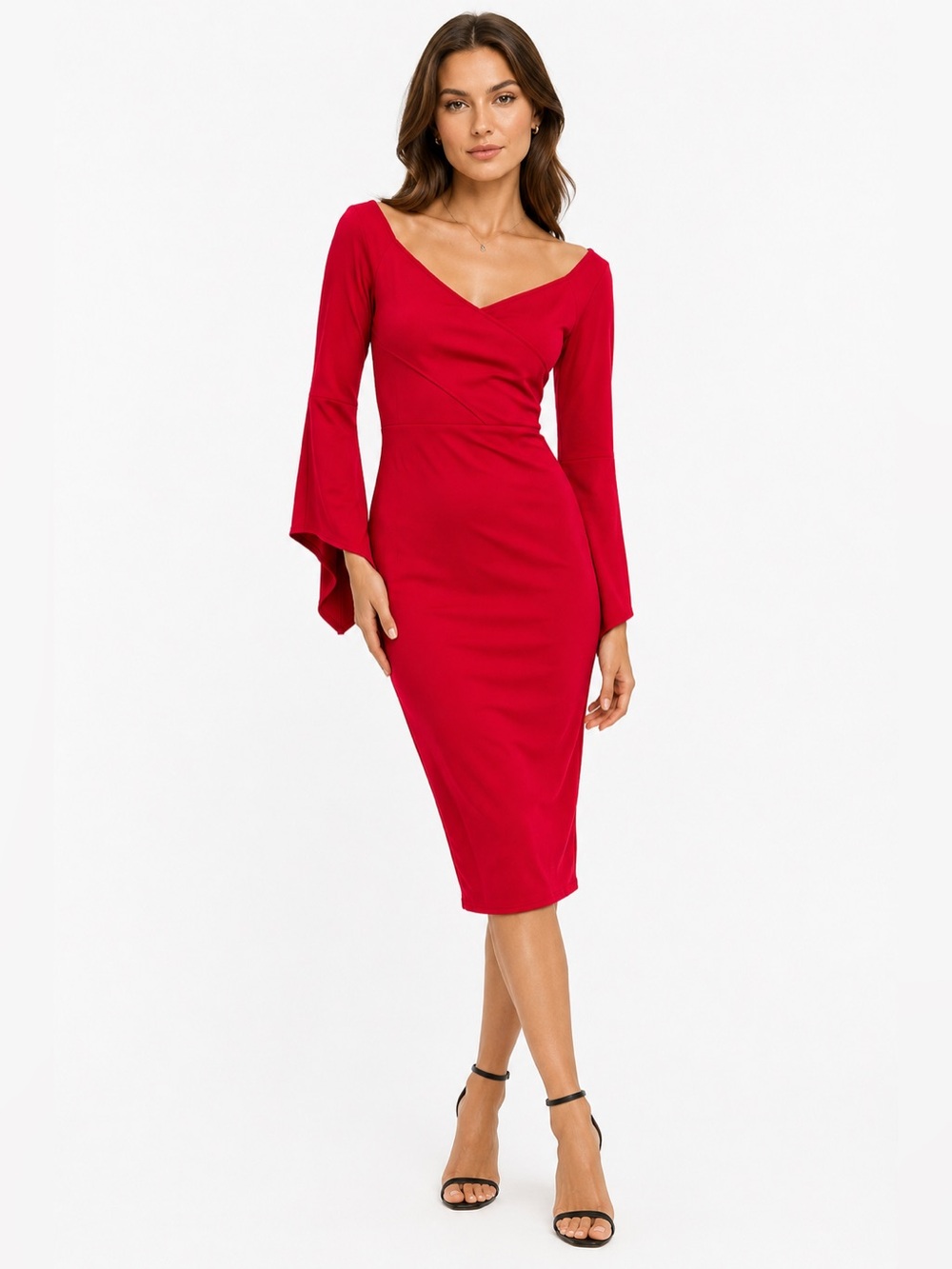 🌺 Club London Red Bell Sleeve Bodycon Dress